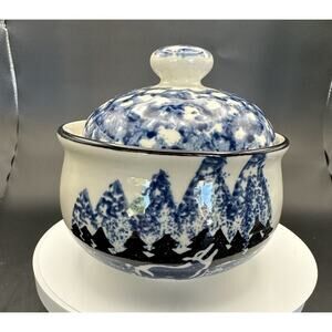 Tienshan Folk Craft Lidded Sugar Bowl Blue Sponge Painted Wolf Pattern Cabin